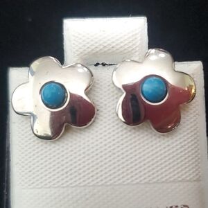 Silver Flower Earrings with Blue Center